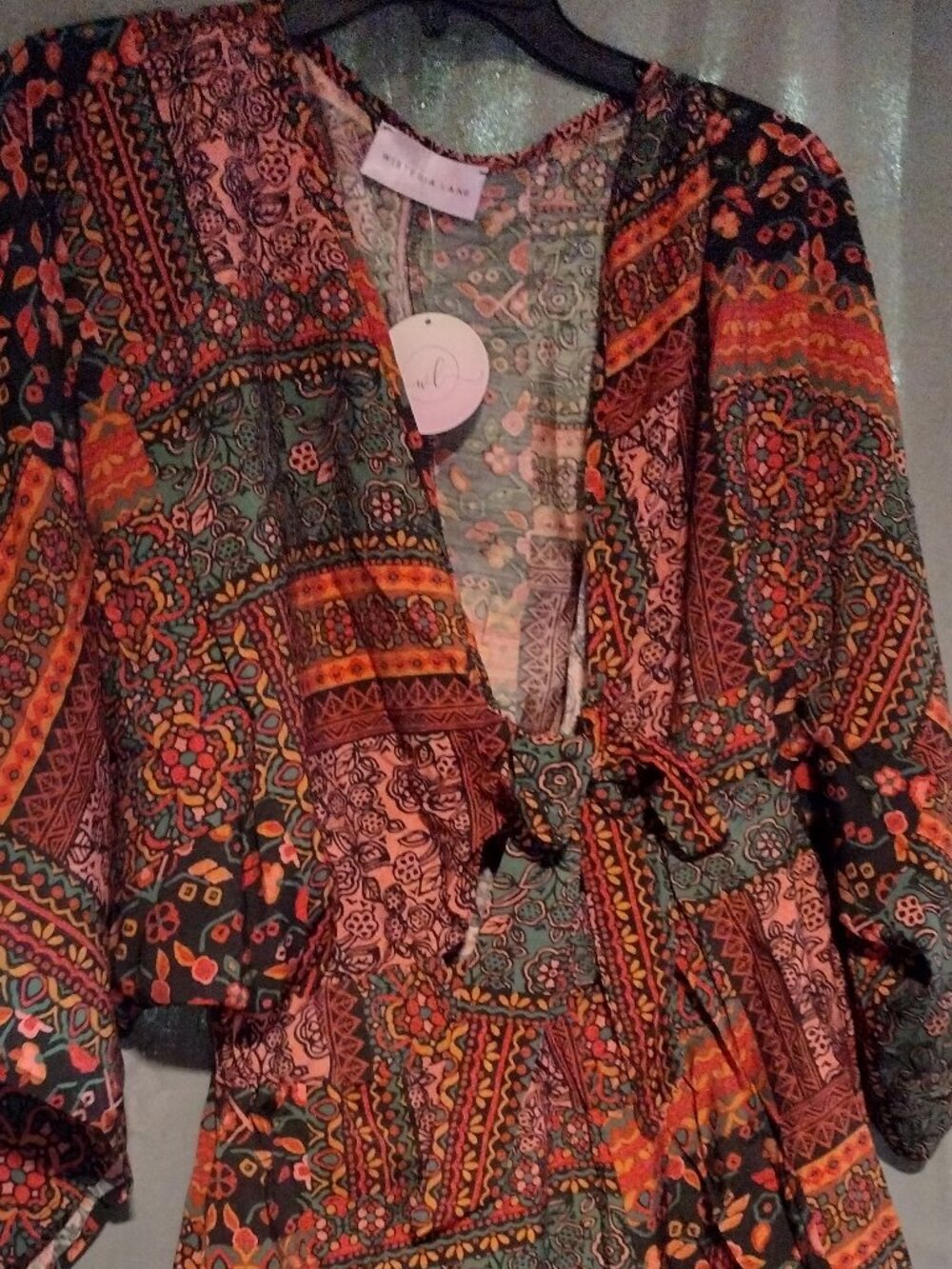 Angie Womens NWT Patchwork Dress Boho Tie Front Kimono Sleeve Rust Green 36in